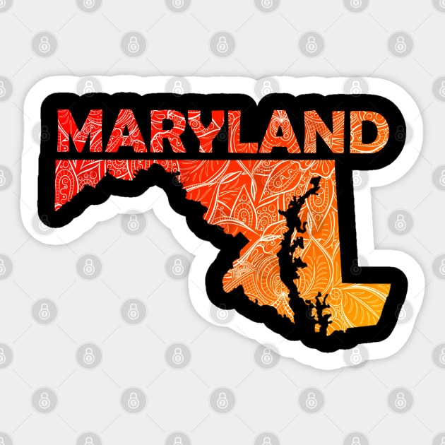 Colorful mandala art map of Maryland with text in red and orange Sticker by Happy Citizen